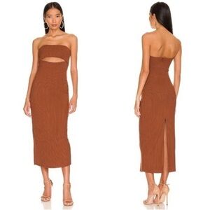 NBD Britta Brown Ribbed Cut-Out Strapless Midi Dress Revolve Medium
